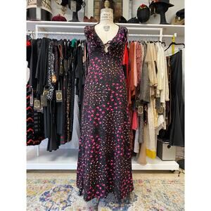 vintage 1970s black and purple floral halter maxi dress, medium, ruffled, plunge